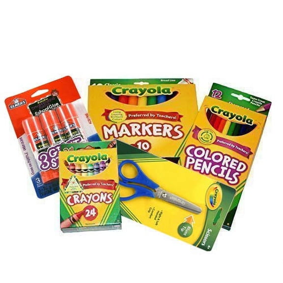 Basic Crayola Back to School Bundle - 5 Items - Crayola Crayons, Crayola Markers, Crayola Colored Pencils, Elmer's Glue Sticks and Child Scissors