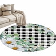 thumbnail image 2 of Spring Floral Round Area Rug 4ft, Daisy Eucalyptus Leaves Black White Plaid Washable Non-Slip Circle Rugs for Bedroom Living Room Kitchen, Soft Non Shedding Circle Carpet for Dining Room Dorm, 2 of 9