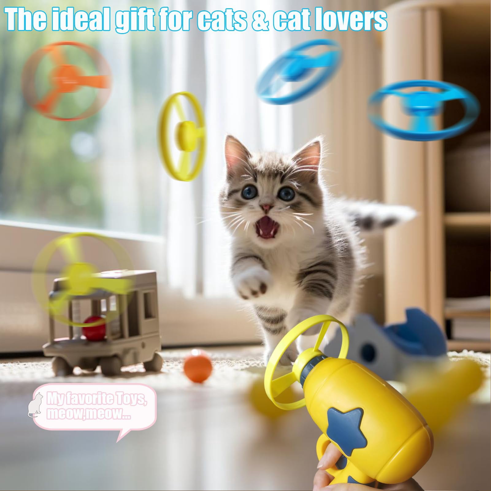 Cat Fetch Toy with Colorful Flying Propellers - Interactive Kitten Chasing Training Toy, Flying Disc Launcher Set for Indoor Outdoor Hunting Play, Pet Enrichment Activity