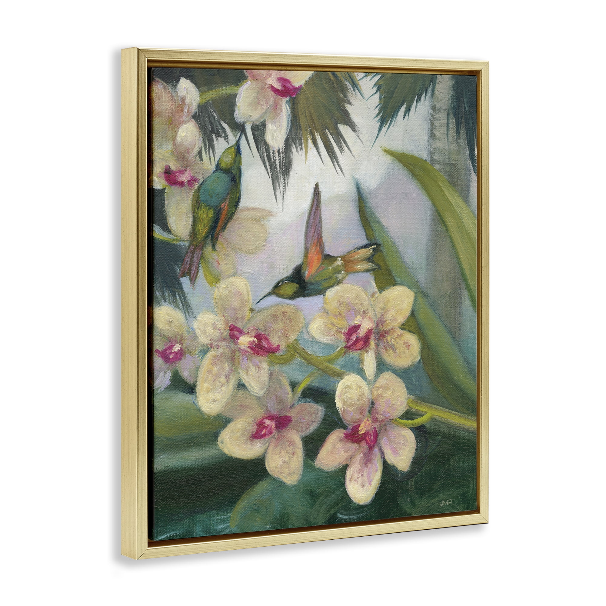 Stupell Industries Hummingbirds Among Blossoms Landscape Painting Gold Floater Framed Canvas Art Print Wall Art, 25 x 31