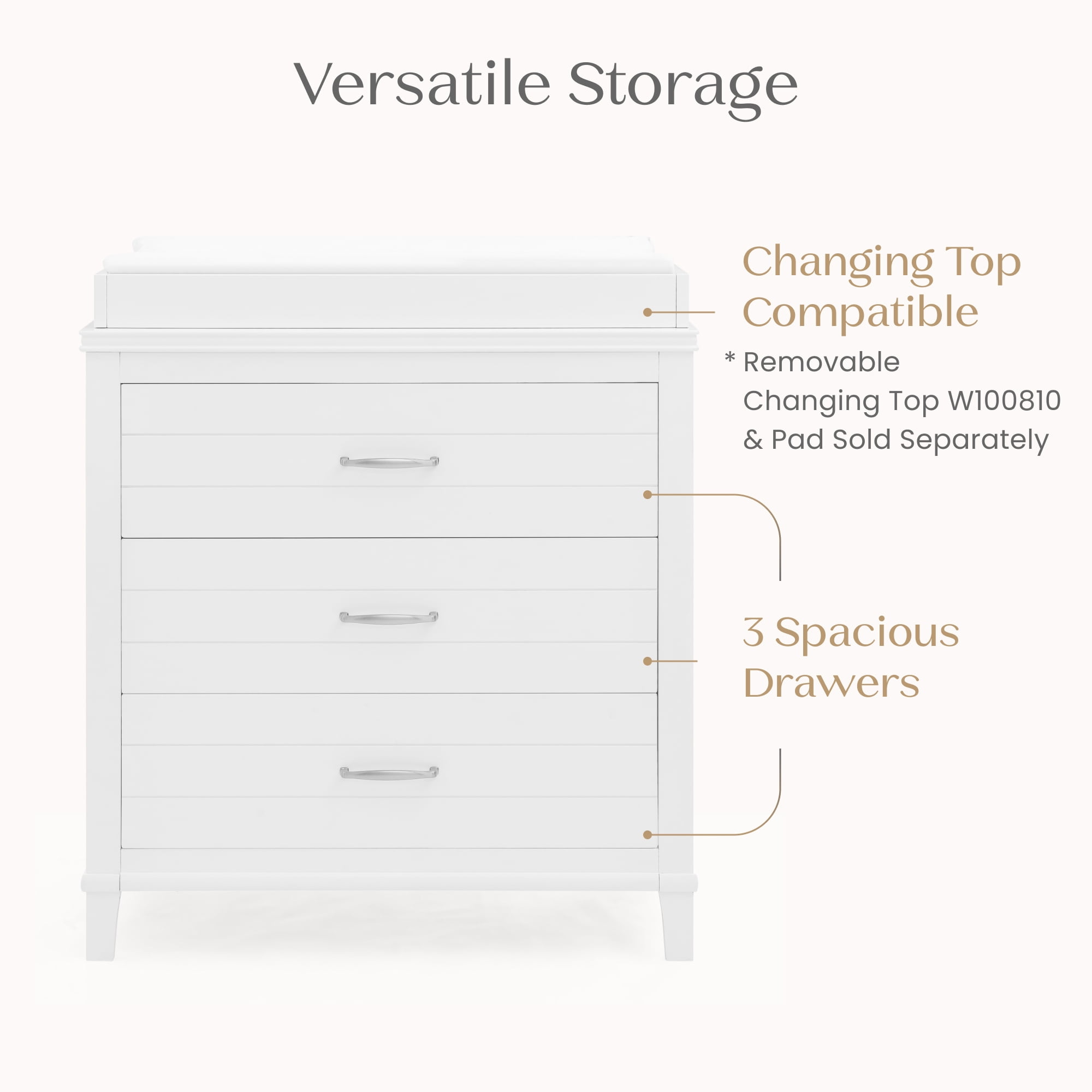 Delta Children Phoebe 3 Drawer Dresser with Interlocking Drawers, Bianca White