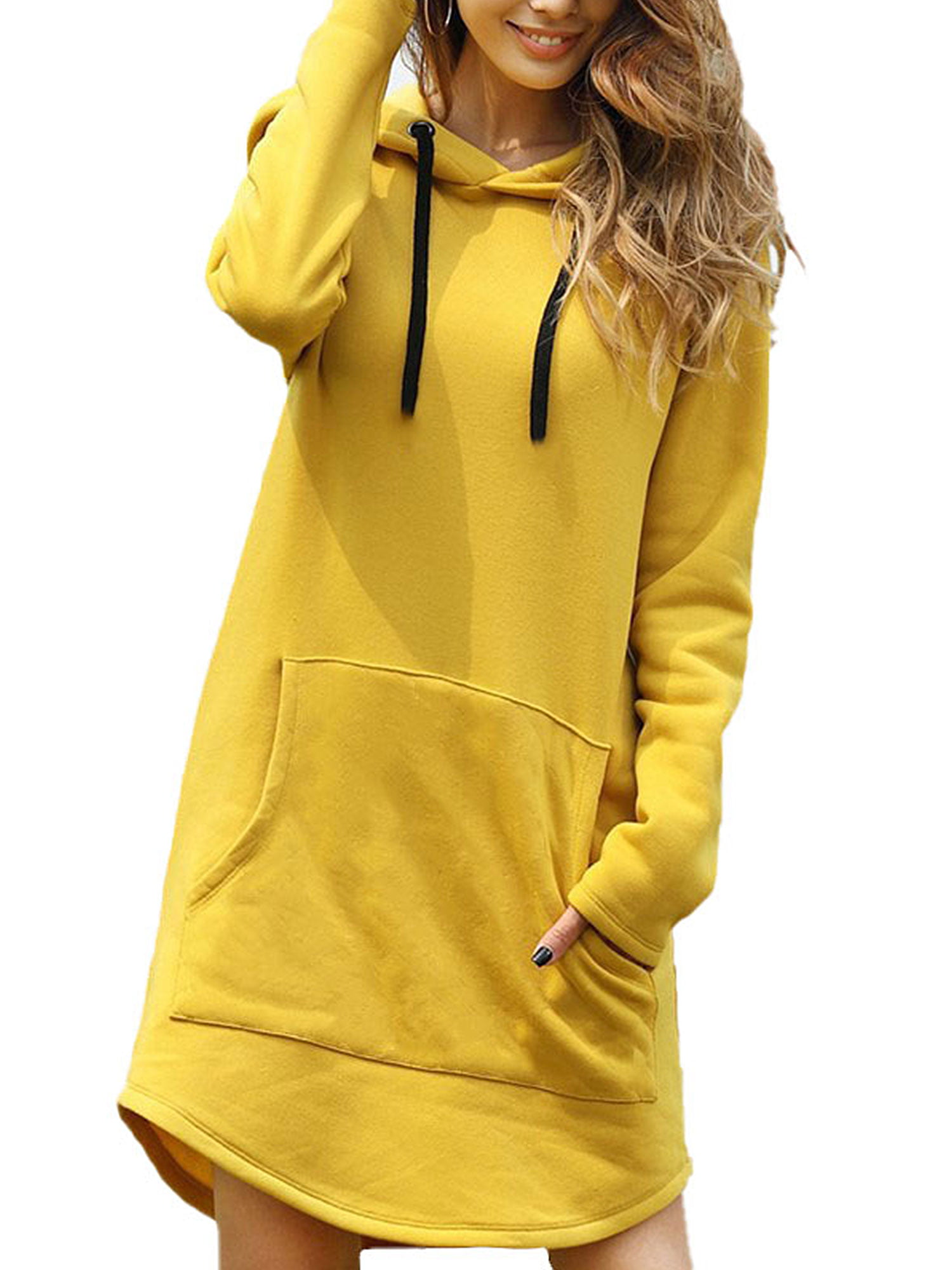 Womens Long Sleeve Hooded Anything Once Loose Casual Pullover Hoodie Dress Tunic Sweatshirt Dress with Pockets