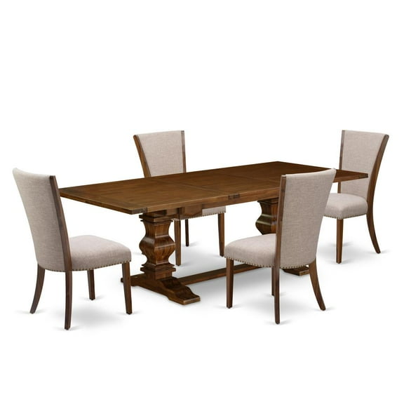 East West Furniture LAVE5-88-04 5Pc Modern Dining Table Set Includes a Dining Table and 4 Upholstered Dining Chairs with Light Tan Color Linen Fabric, Antique Walnut Finish