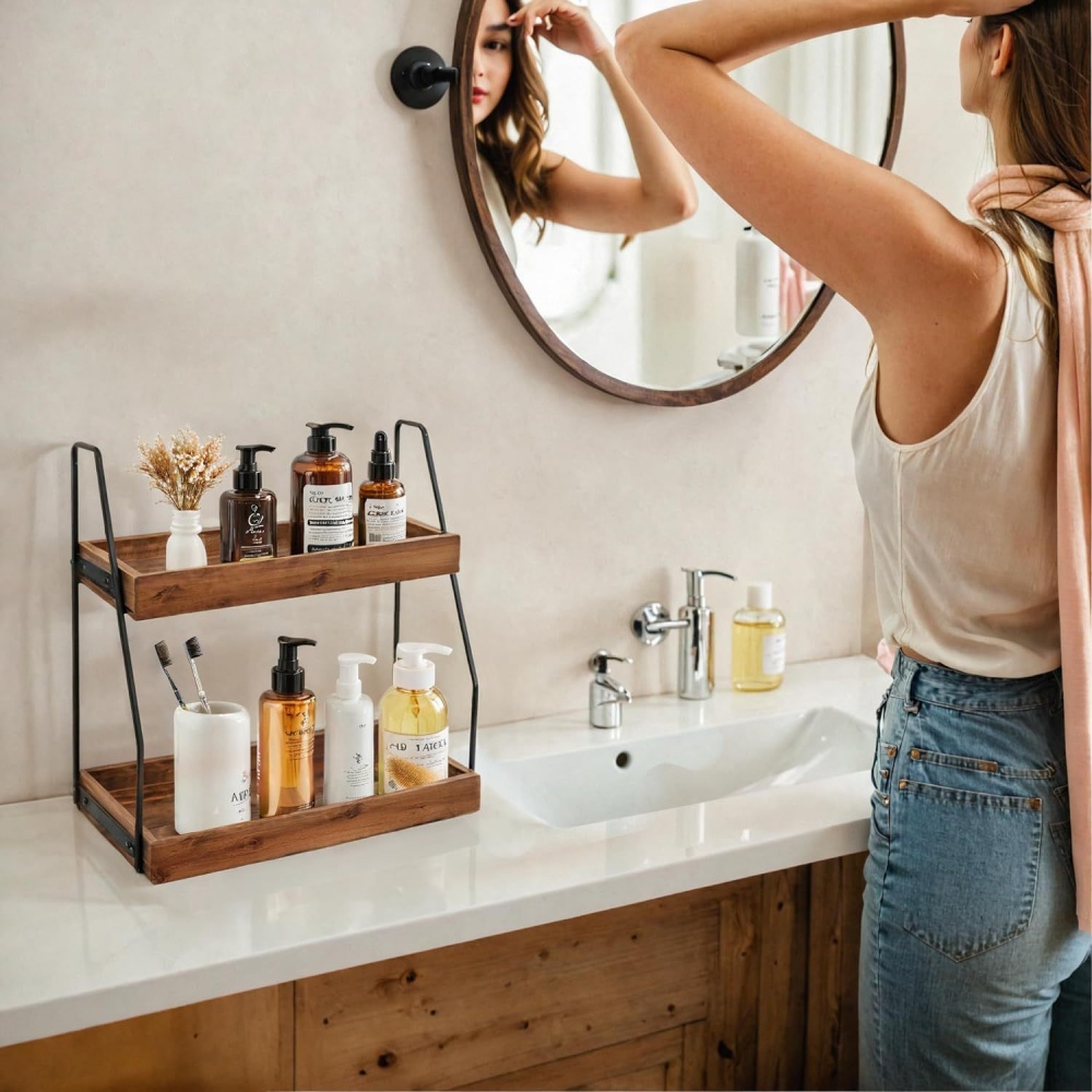 MIDOQIN Bathroom Organizer Countertop, 2-Tier Wood Bathroom Counter Organizers for Bathroom, Cosmetic Storage Standing Vanity