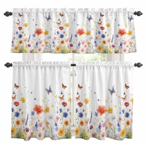 Spring Floral Kitchen Curtains Sets for Windows 24 Inch Length, Butterfly Summer Botanical Rod Pocket Window Treatments Tier Curtains and Valances Set for Bedroom/Bathroom