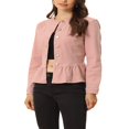thumbnail image 4 of Allegra K Women‘s Round Neck Button Down Ruffled Hem Cropped Washed Denim Jacket, 4 of 5