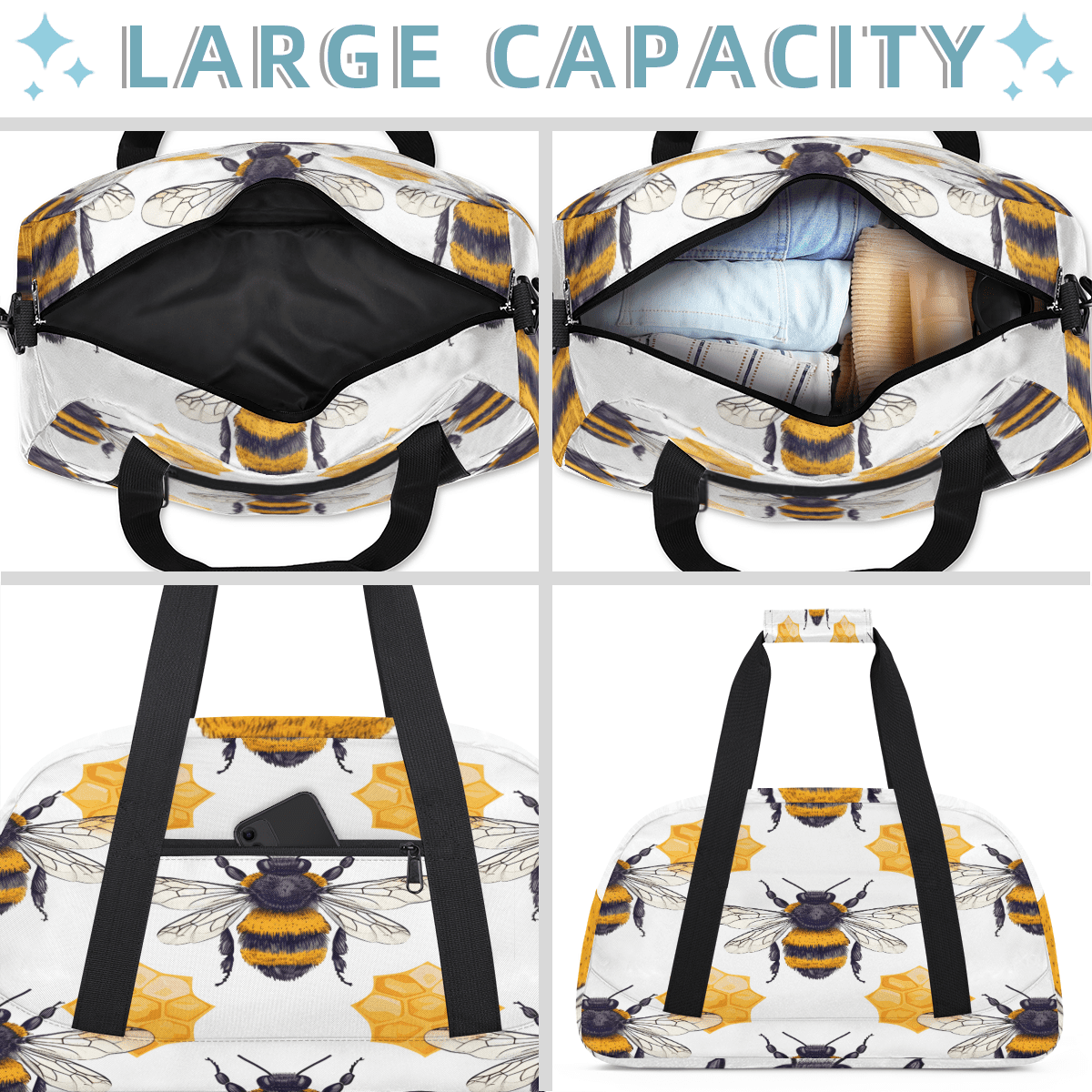 Herdesigns Honey Bee Sports Duffle Bag for Women & Men, Honeycomb Bee Gym Bag Dance Bag Overnight Bag Carry On Weekender Travel Bag