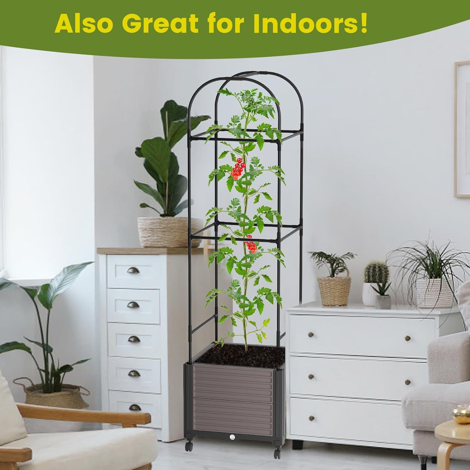 Slsy Raised Garden Bed Planter Box with Wheels, Tomato Cage Planter Raised Garden Bed with Trellis for Climbing Vegetables Plants Tomato Cage, Indoor Outdoor Use