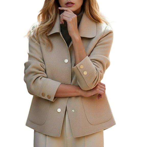 DHFJKG Lapel Crop Jacket For Women Loose Fit Solid Color Button Front Coat With Pockets Elegant Fall Winter Cozy Coat