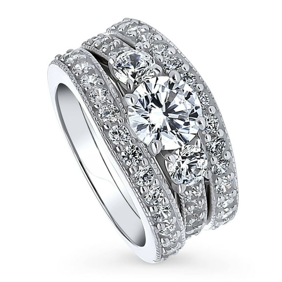 BERRICLE Sterling Silver 3-Stone Wedding Engagement Rings 1.25 Carat Round Cut Cubic Zirconia CZ Ring Set for Women, Rhodium Plated Size 5