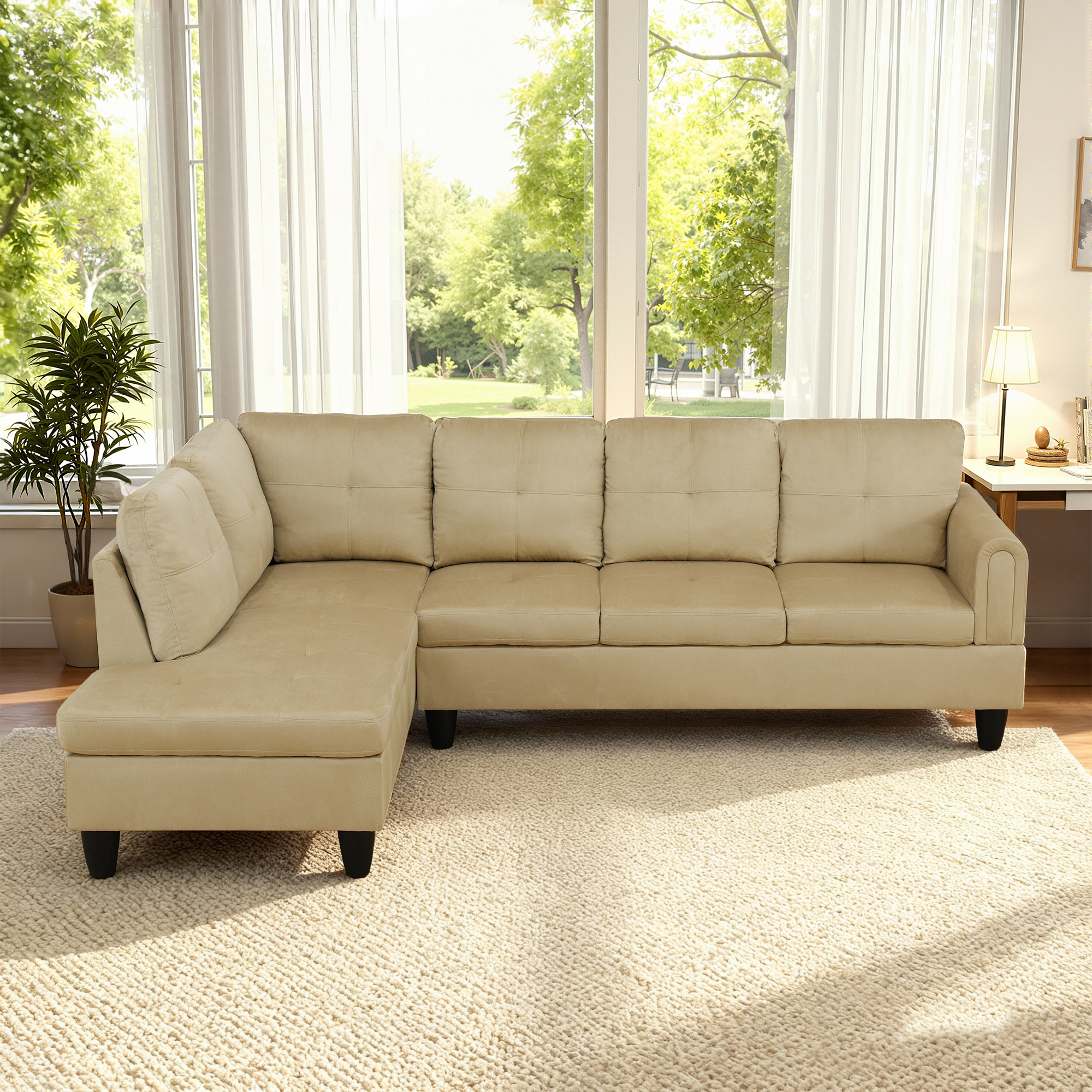 MAYEERTY 97" Flannel Sectional Sofa, 2-Piece Couch Living Room Sofa Set without Ottoman, Beige (Left)