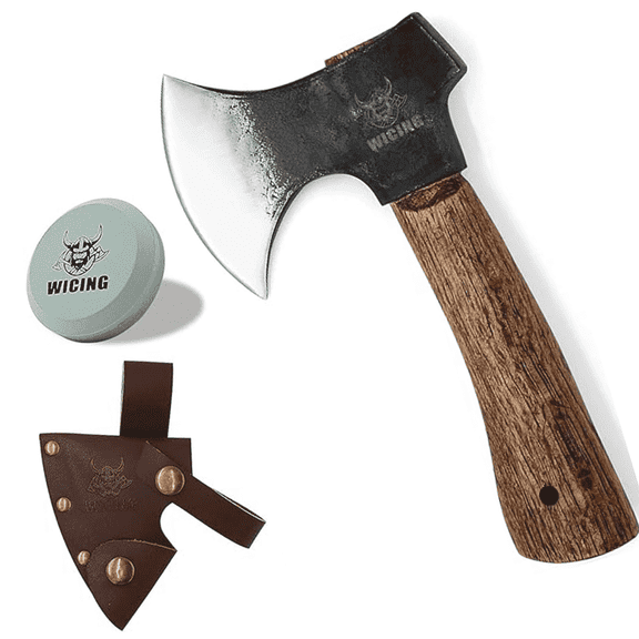 WICING Camping Hatchet, 8" Small Hand Axe, 1065 Manganese Steel Blade, Beech Wood Handle with Leather Sheath for Jungle, Gardening and Survival