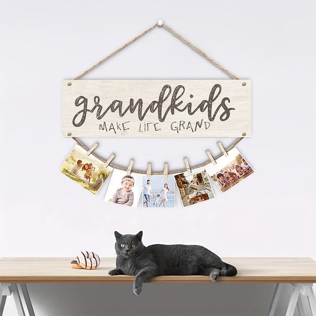 YWIYIUD 1PC Mini Wooden Picture Board Hanging Photo Novelty Wooden Display Photo Board with Round Bead Ropes for Home Liveing Room Bedroom and Wall Decoration