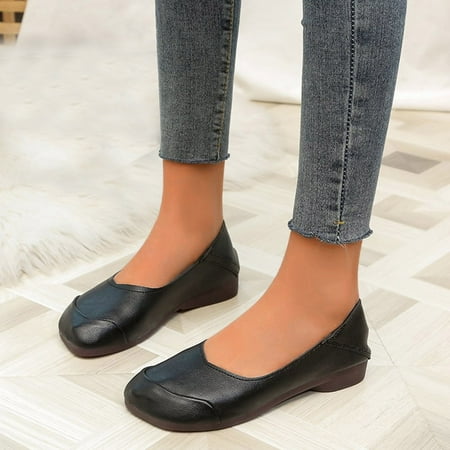 

Cathalem Women Canvas Shoes Casual Ladies Fashion Retro Solid Color Leather Shallow Mouth Flat Square Head Casual Single Shoes Shoes Black 7