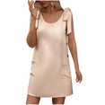 thumbnail image 2 of Robes Décontractées pour Femmes Couleur Unie Col Rond Sans Manches avec Boucle Décorative et Lacets Jupe Courte Robe Manches Courtes pour Femmes Beige m, 2 of 7