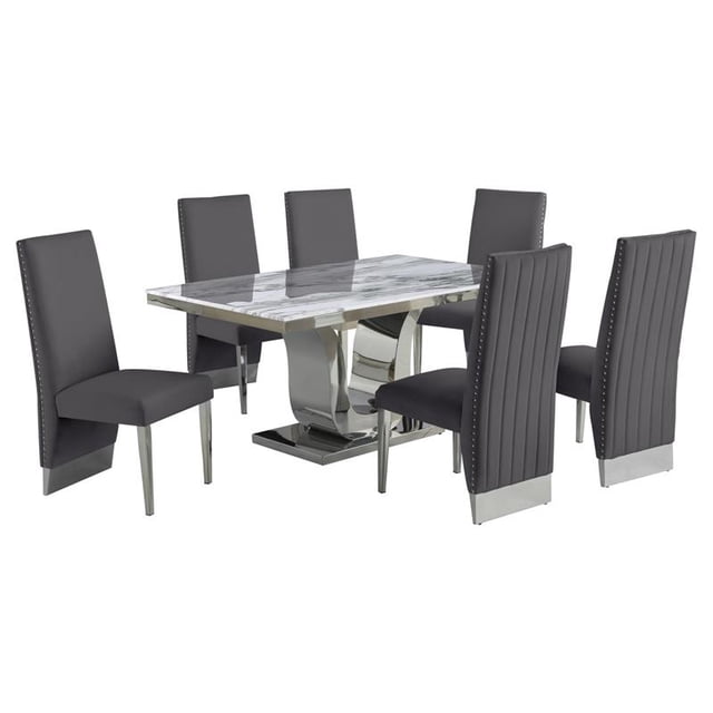 White Marble 7 piece Dining Set with Silver Stainless Steel Base