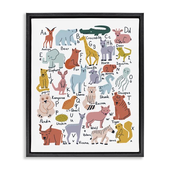Stupell Industries Modern Various Animal Alphabet Chart Educational Nature Wildlife Black Floating Frame Canvas Art, 17 x 21, by Dominika Godette