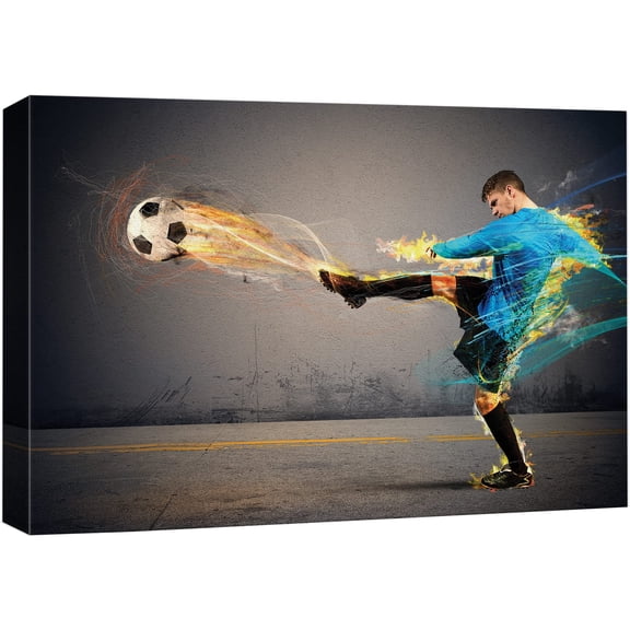 wall26 Canvas Print Wall Art Soccer Player Kicks Blazing Ball Sports Athletes Photography Realism Contemporary Scenic Urban Multicolor Ultra for Living Room, Bedroom, Office - 32"x48"
