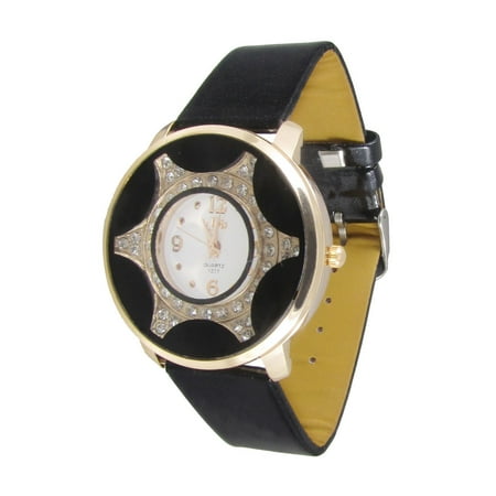 Unique Bargains Women Black Perforated Band Button Adjustable Gold Tone Rim Decor Wristwatch