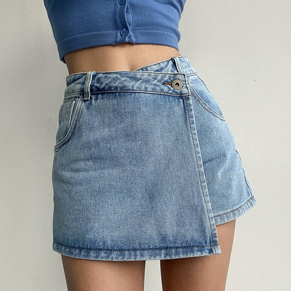 tasrioml Women High-Waist Denim Shorts Retro Design Slim Fit Solid Color Fake Two Piece Skort Formal Casual Wear