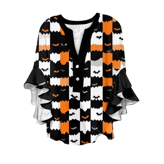 WTOBBY Women's Halloween Printed V-Neck 3/4 Sleeve Casual Shirt Loose Fit Blouse Tunic Top with Asymmetrical Hem for Fall Holiday Party,Black L