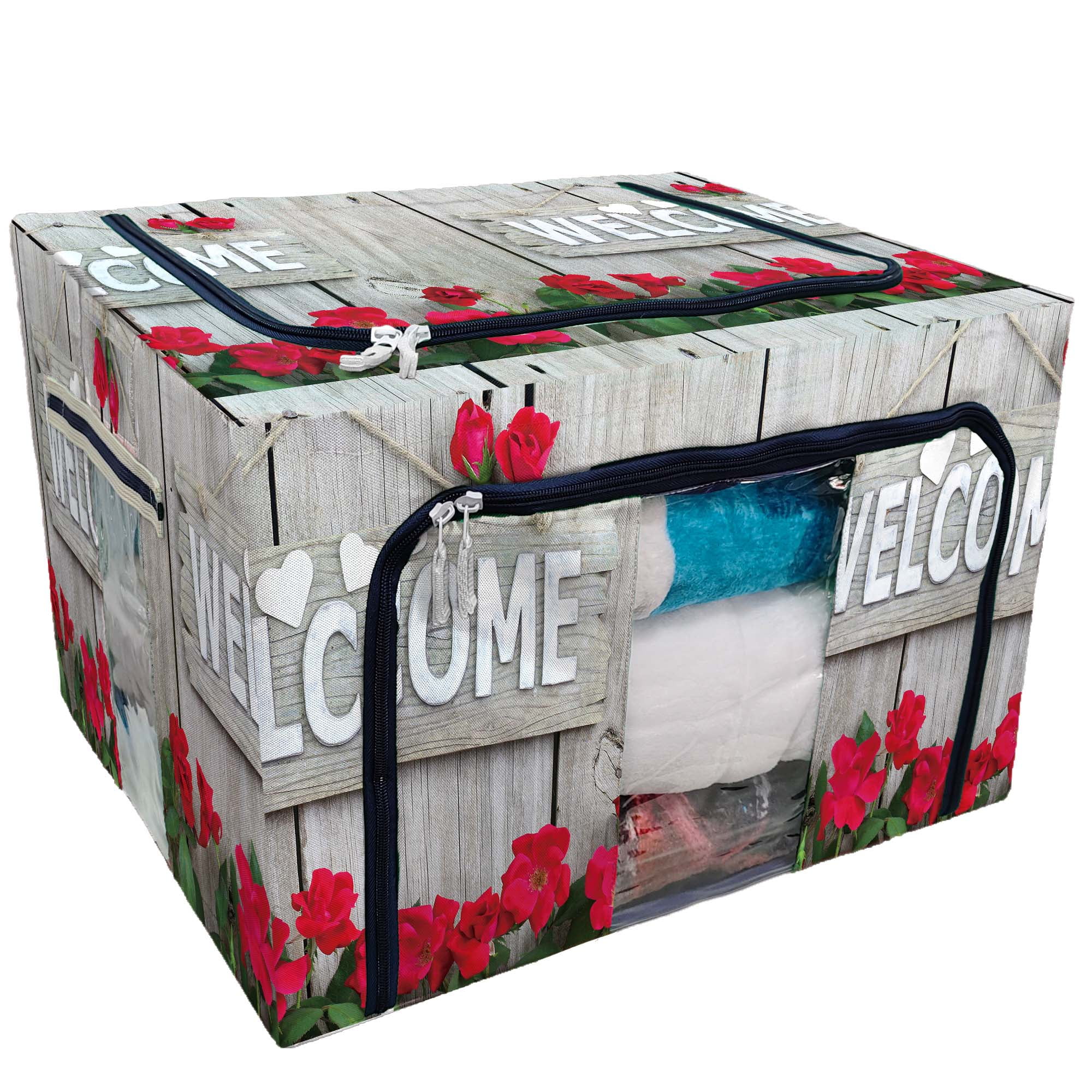 PKQWTM Rustic Wood Fence Flower Border Red Roses Storage Bag
