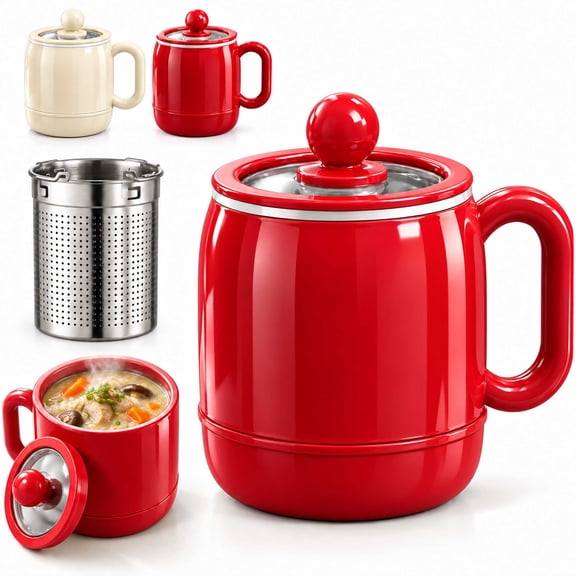 Portable Electric Stewing Cup, Mini Slow Cooker Travel Cup, for Travel Office Dorm, 800ml Ceramic 12-Hour Timer and 6-in-1 Pan
