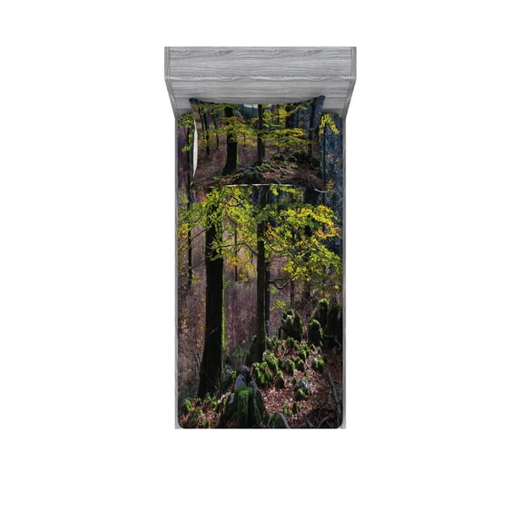 Forest Bedding Set with Sheet & Covers, Natural Scenery Trees Autumn Season in Woods Wilderness Rural Growth Eco Photo, Printed Bedroom Decor 2 Shams, 4 Sizes, Green Pale Pink, by Ambesonne