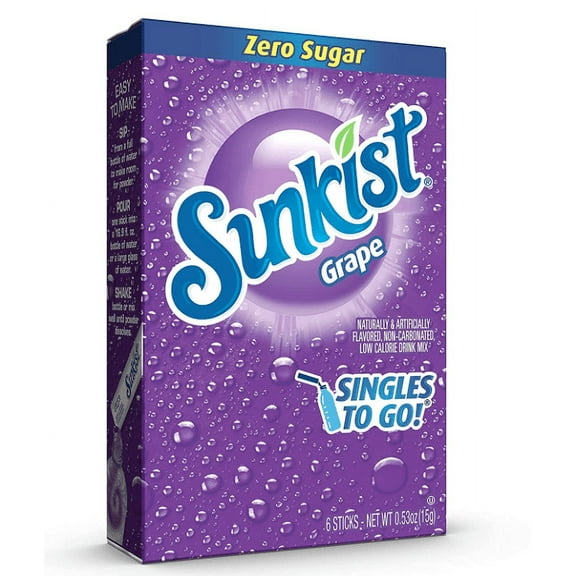 Sunkist Soda Singles To Go Drink Mix, 0.53 OZ, 6 CT (Grape, Pack - 12)