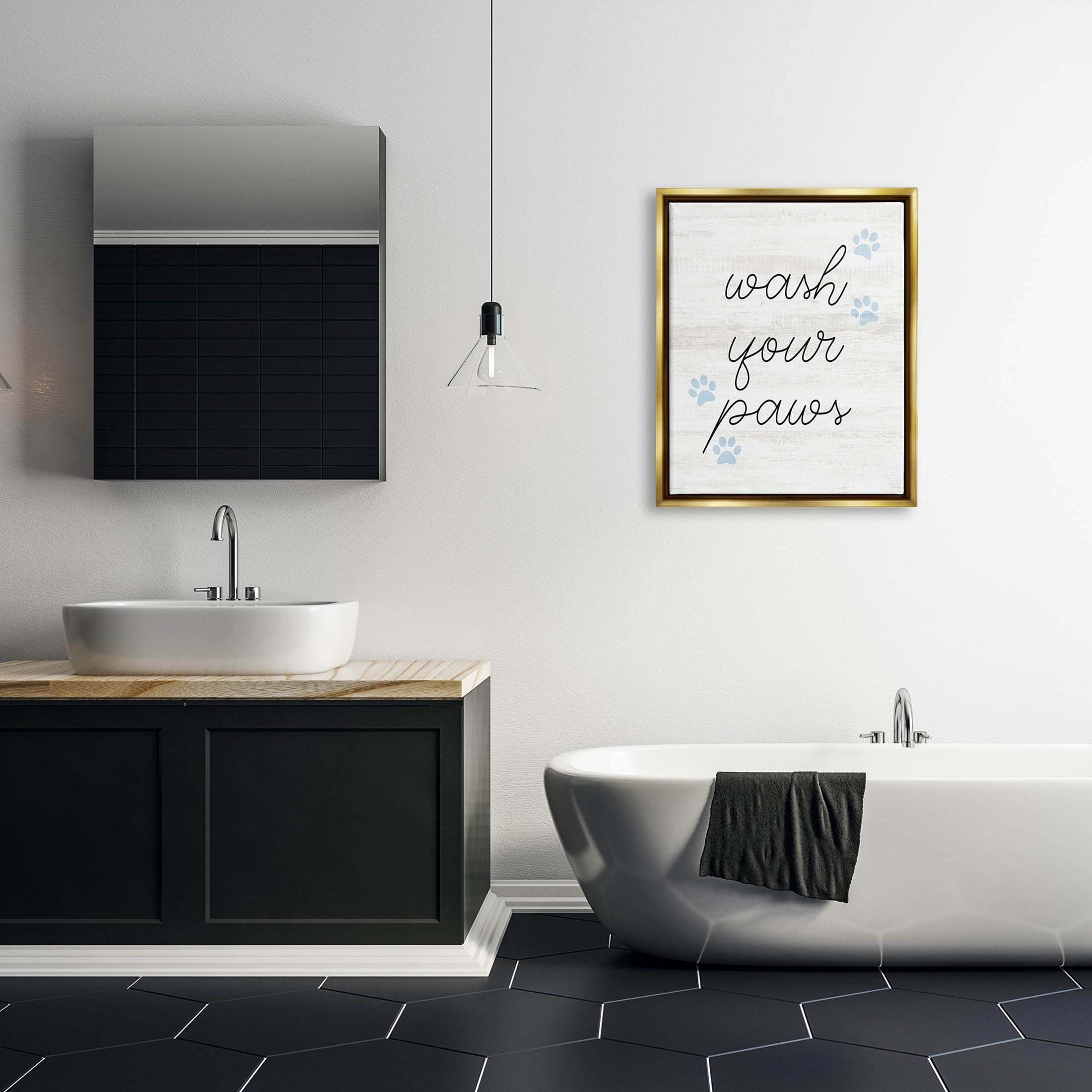 Wash Your Paws Pet Shapes Typography Graphic Art Metallic Gold Framed Art Print Wall Art