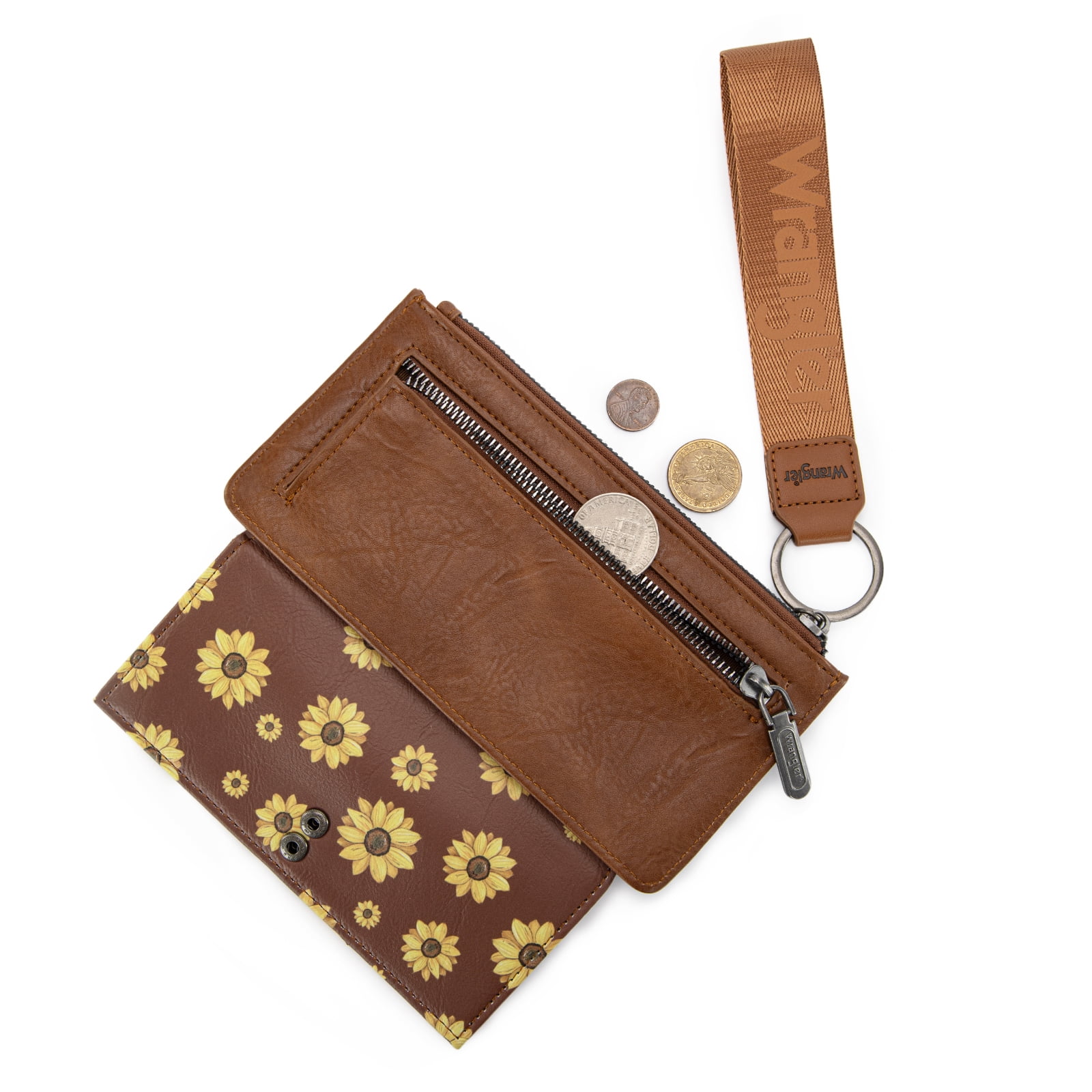 Wrangler Wallet for Women Floral Wristlet Wallets Ladies Female Large Clutch Wallets with Coin Purse and Rfid Lining, Brown