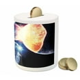 thumbnail image 3 of Space Cat Piggy Bank, Kitten in Suit Planets Nebula Supernova Eclipse Art Cosmos, Ceramic Coin Bank Money Box for Cash Saving, 3.6" X 3.2", Dark Blue Orange, by Ambesonne, 3 of 4
