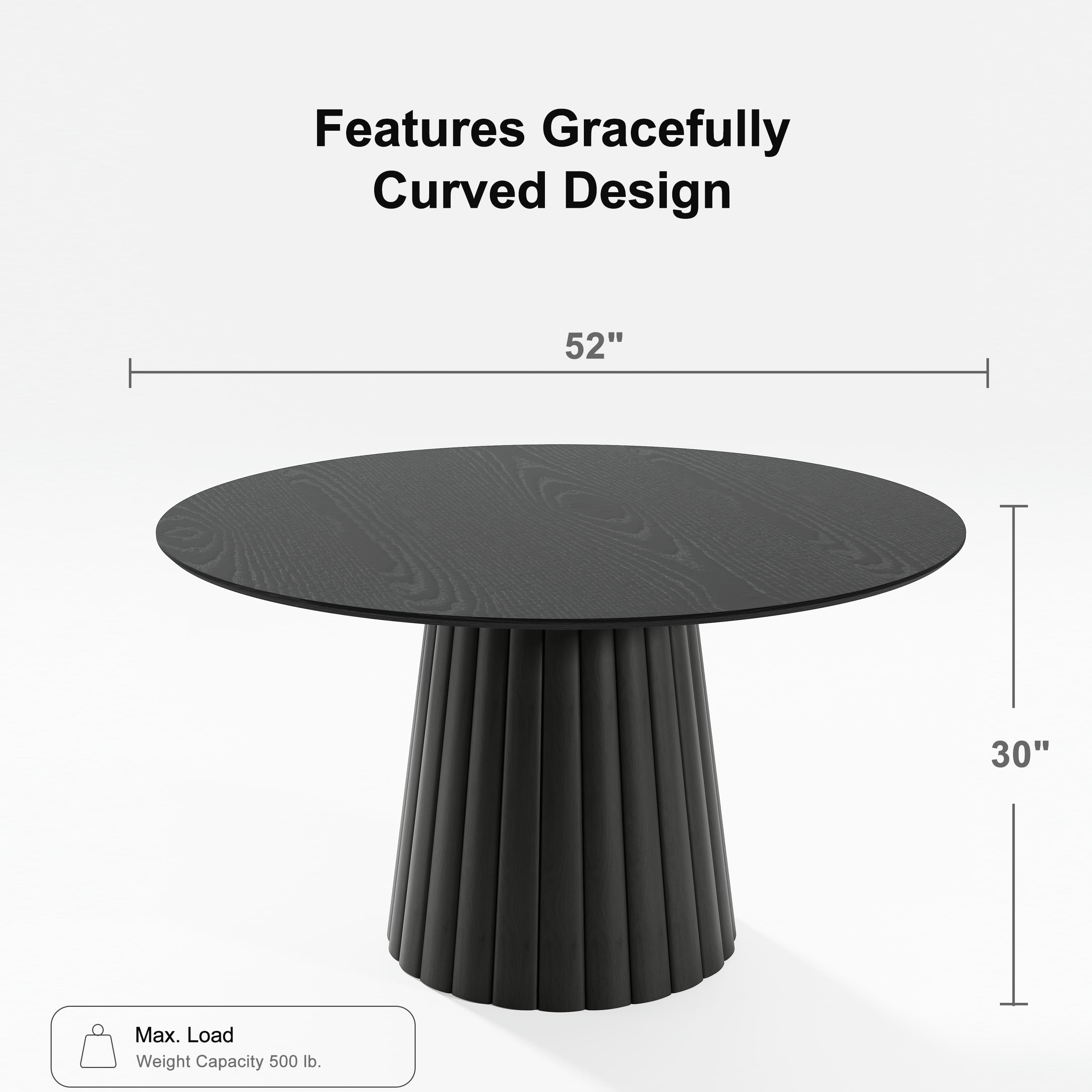 52 in. Soild Wood Black Dining Table Round Kitchen Table