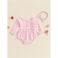 thumbnail image 4 of Aojekbee Baby Girl 2Pcs Fall Outfits Long Sleeve Crew Neck Button Front Romper with Headband Set, 4 of 10