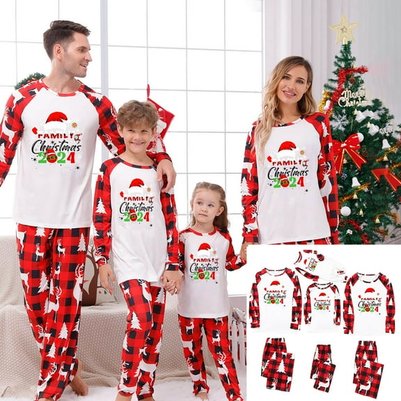 Odeerbi Christmas Pajamas for Family Holiday Long Sleeve Family Christmas Pajamas Matching Sets Toddler Casual Printed Top with Bottom Outfits Home Wear Sleepwear Family Matching PJs Set Red