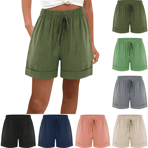 Cargo Shorts for Women High Rise Womens Shorts Solid Color Wide Leg Pants with Elastic Drawstring Waist Pockets Casual Shorts for Travel Vacation Outdoor Activities