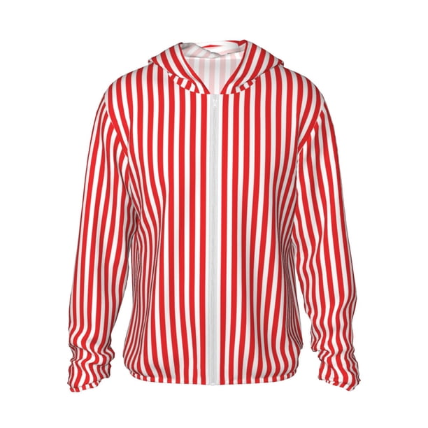 Fotbe Red And White Stripes Chaqueta con Protección Solar UPF 50+ para Hombre y Mujer, Camisa con Capucha y Bolsillos-XX-Large