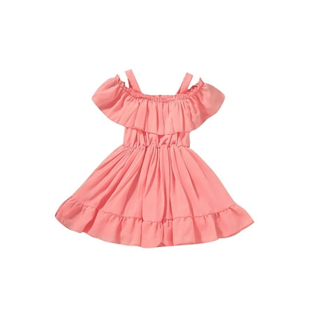 

Infant Baby Girls Dress Solid Color Boat Neck Fly Sleeve One-Piece Ruffled Skirt