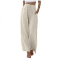thumbnail image 1 of Pantalones palazzo de lino de cintura alta y pierna ancha - Pantalones de playa fluidos con cordón y bolsillos, tallas S-XXXL, 1 of 4