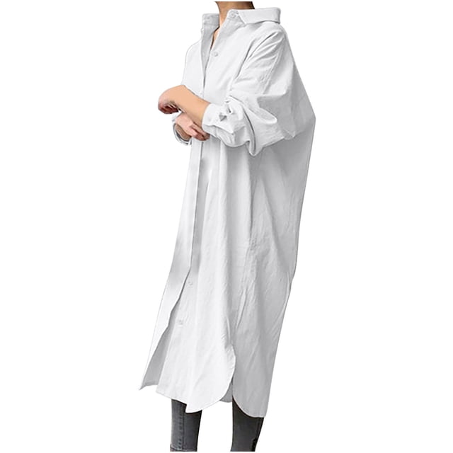 Chemises en Lin pour Femmes à Boutons, Robe Longue à Manches Longues, Col à Revers, Col en V, Unie, Blouses Classiques, Robe Décontractée, Robe Mode
