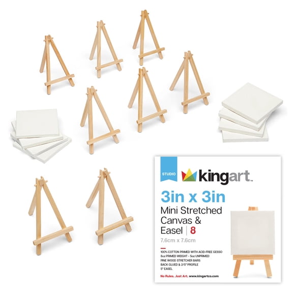 KINGART® Mini - 3 x 3 inch Stretched Painting Canvas and 5 inch Wood Easel Set - Set of 8