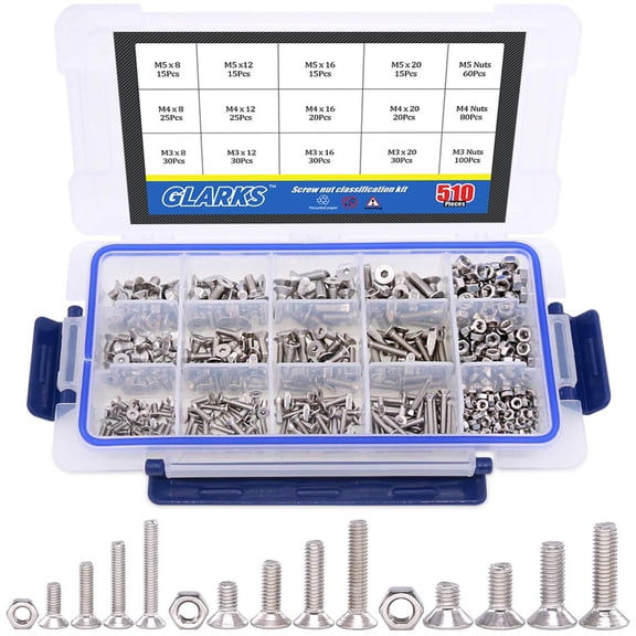 510Pcs Metric M3 M4 M5 304 Stainless Steel Flat Head Countersunk Socket Cap Bolts Screws Nuts Assortment Kit, Allen Hex Drive