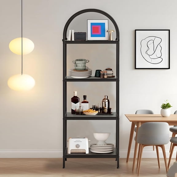 Arched Modern Bookcase - 4-Tier Tall Narrow Bookshelf - Metal Frame, Open Display Shelf for Living Room, Bedroom, Home Office - 60x28x180cm - Black Frame & Black Board, 4 Layers