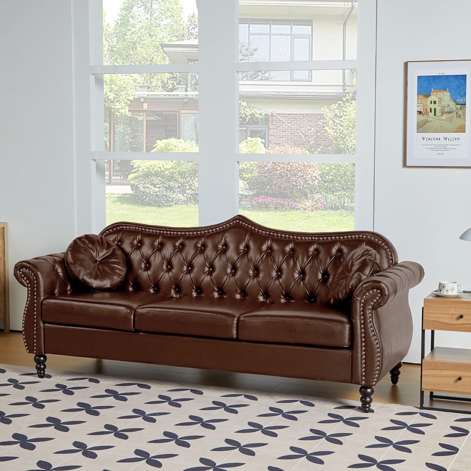 Giratree Living Room Furniture Sets, Chesterfield 3 Piece Sofa Set, Faux Leather Couch, Brown