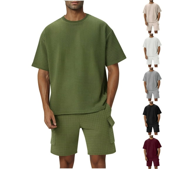 VBTAPA Men's Fashion 2 Piece Waffle Knit T Shirt and Shorts Sets Summer Beach Outfits Casual Tracksuits Set with Pockets White XXL