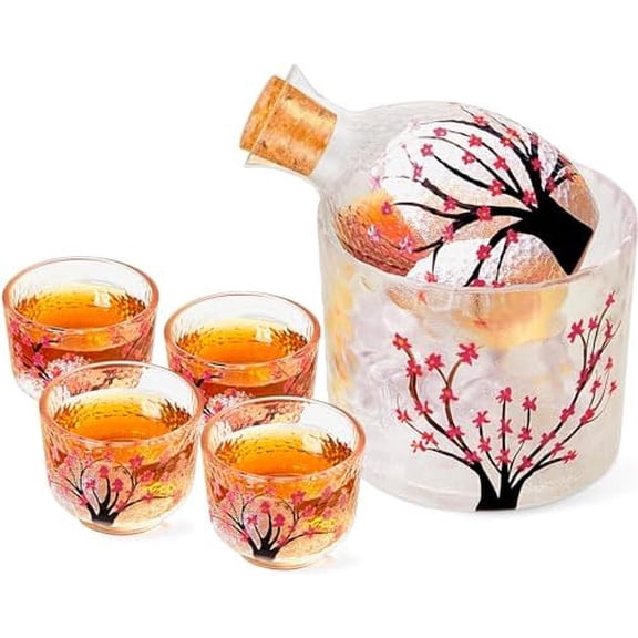 6 Pcs Japanese Sake Set for 4, Pink Cherry Blossoms Sake Bottle Cups Set Including 1 Bottle 1 Tank and 4 Cups for Cold Hot Warm Carafe Japanese Christmas Gifts