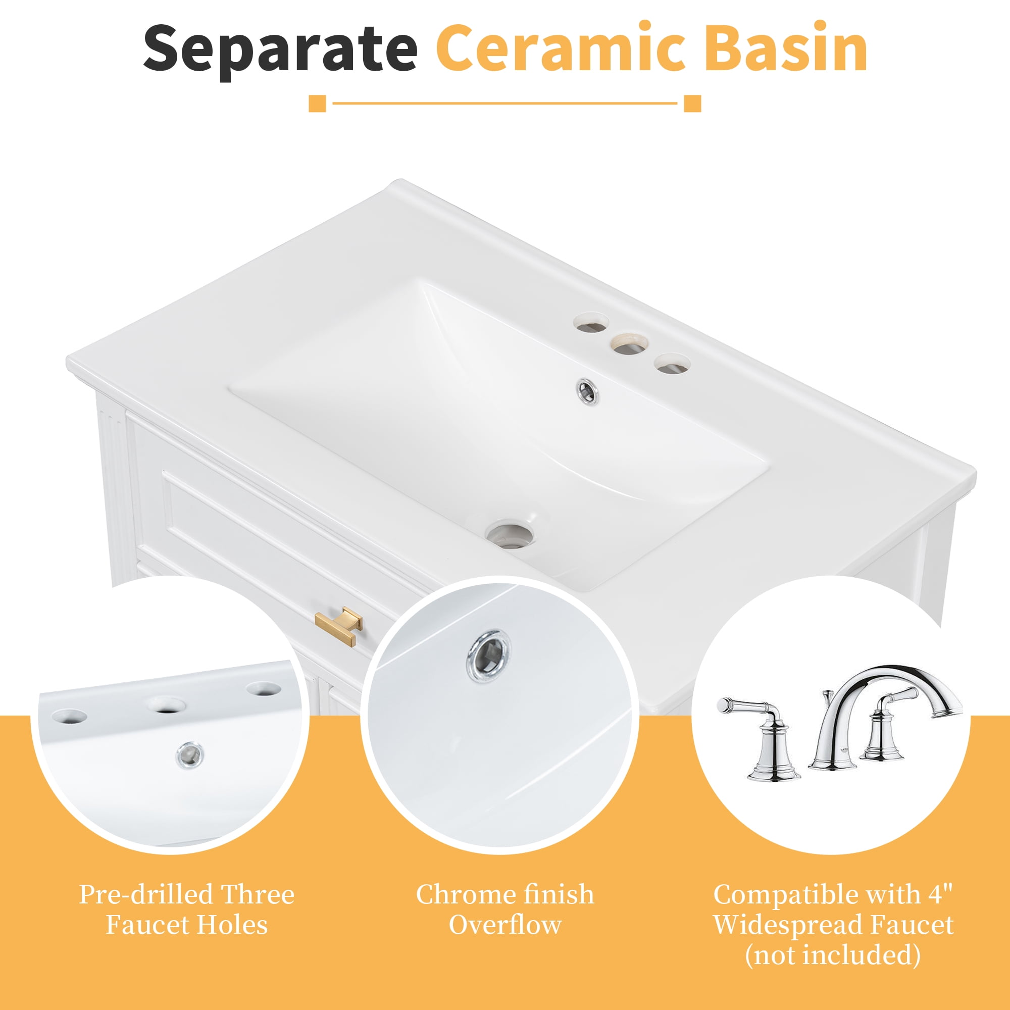 Aukfa 30" Bathroom Vanity with Sink,Modern Bathroom Sink Cabinet for Small Spaces,Ceramic Top & Flip Drawer,White