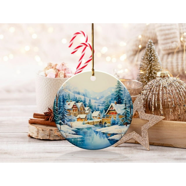 Hand Painted Winter Village Ornament, Snowy Mountain Scene, Holiday Home Decor, Unique Chr - As Picture - 5-Pack