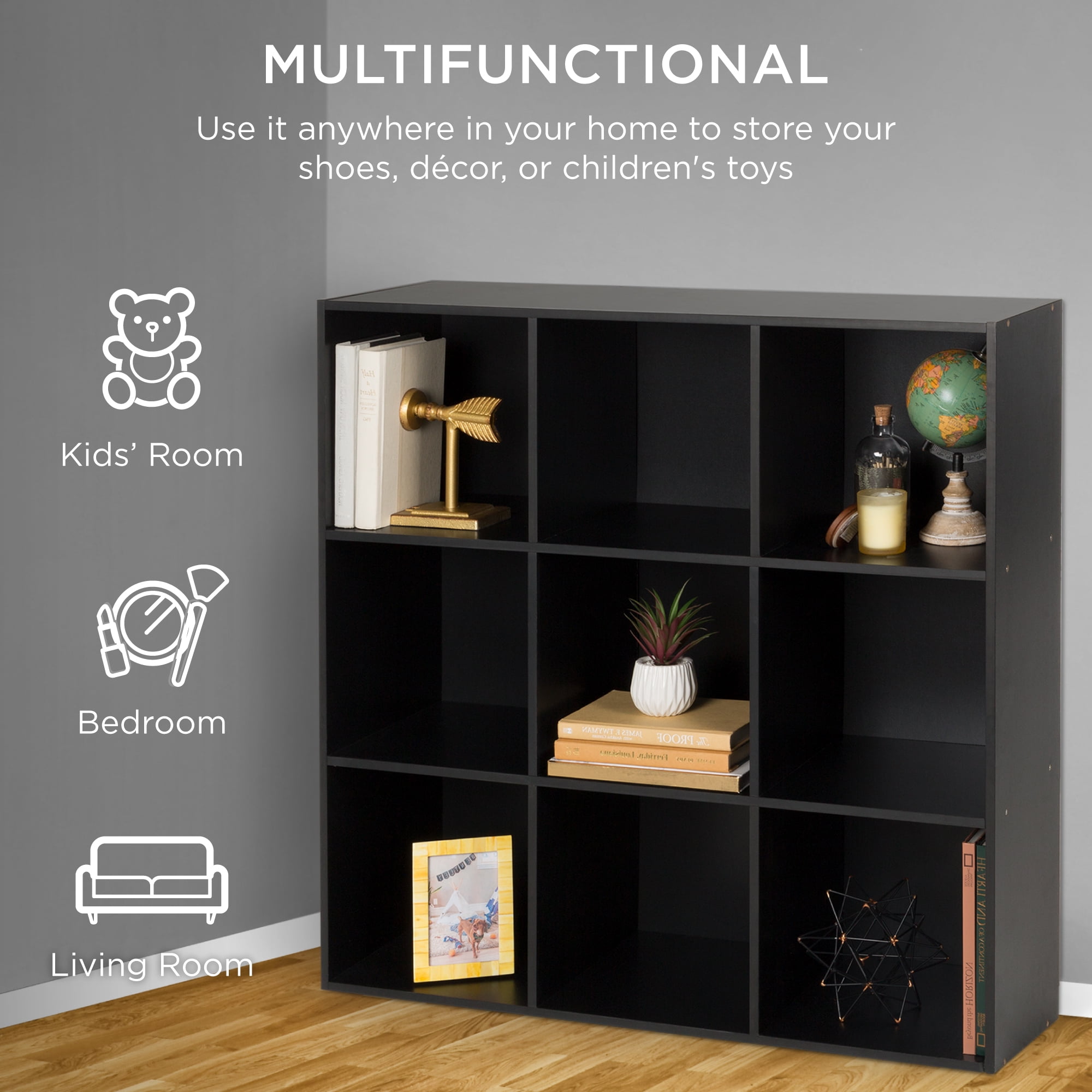 Best Choice Products 9-Cube Bookshelf, 13.5in Display Storage System, Organizer w/ Removable Back Panels - Black
