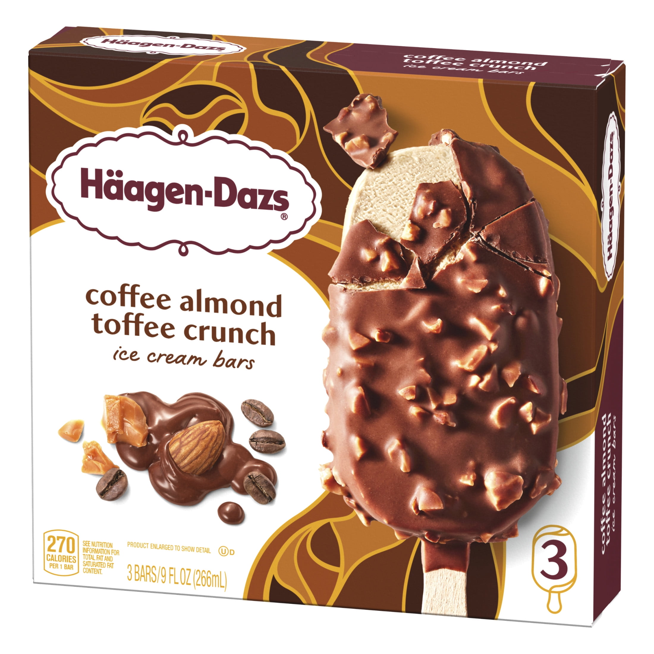 Haagen Dazs Coffee Almond Toffee Crunch Ice Cream Snack Bars, Gluten Free, Kosher, 3 Count